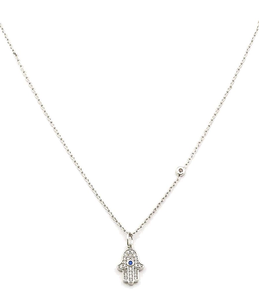 Accessories TAI Jewelry | Simple Chain Necklace With Cz Hamsa Charm And Cz Accent Silver