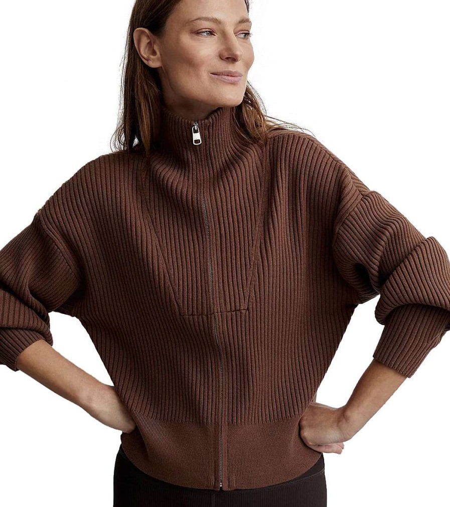 Clothing Varley Yoga Jackets & Sweatshirts | Carmen Rib Knit Zip Through Cocoa Shell