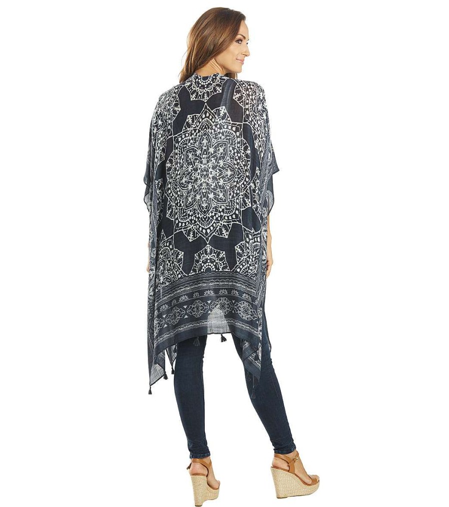 Clothing Yak & Yeti Yoga Jackets & Sweatshirts | Kimono Wrap Mantra Floral With Tassels Black