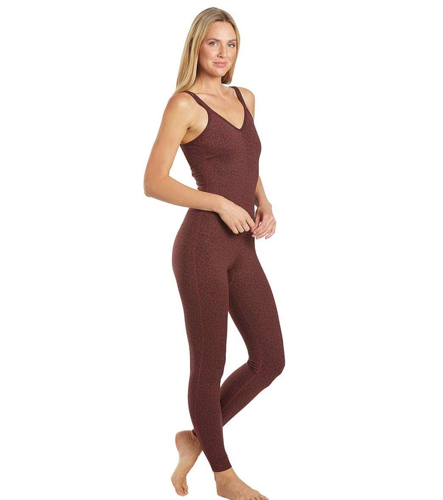 Clothing Everyday Yoga Yoga Leotards & Jumpsuits | Radiant Cheetah Strappy Back Long Leotard 28" Burgundy Cheetah