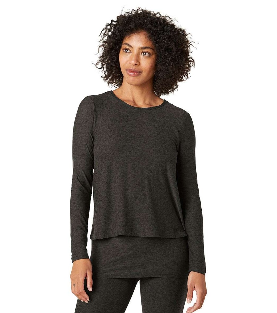 Clothing Beyond Yoga Yoga Tops | Featherweight Under Wraps Nursing Overlap Long Sleeve Tee Darkest Night