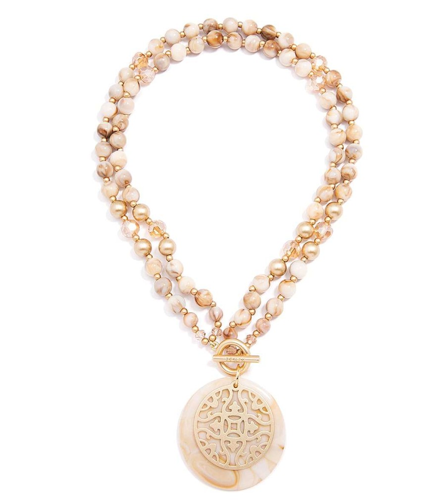 Accessories Zenzii | Marbled Resin Beaded Pendant Necklace Beige