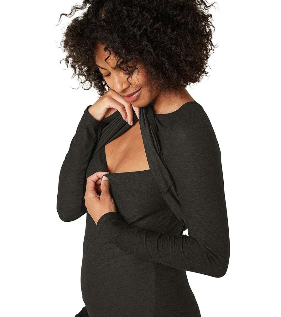 Clothing Beyond Yoga Yoga Tops | Featherweight Under Wraps Nursing Overlap Long Sleeve Tee Darkest Night