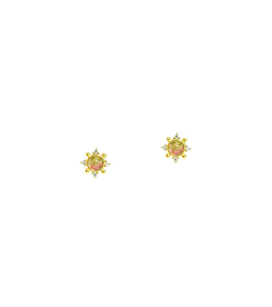 Accessories TAI Jewelry | Watermelon Tourmaline Medallion Studs Gold And Watermelon Tourmaline