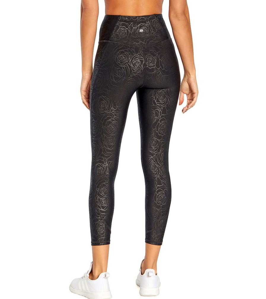 Clothing Marika Yoga Leggings | Aliza Tummy Control Zip Pocket Capri Black Rose Emobssed