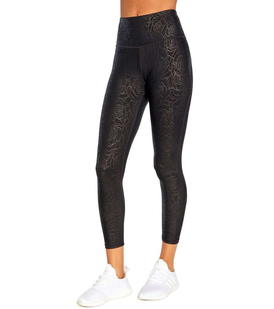 Clothing Marika Yoga Leggings | Aliza Tummy Control Zip Pocket Capri Black Rose Emobssed