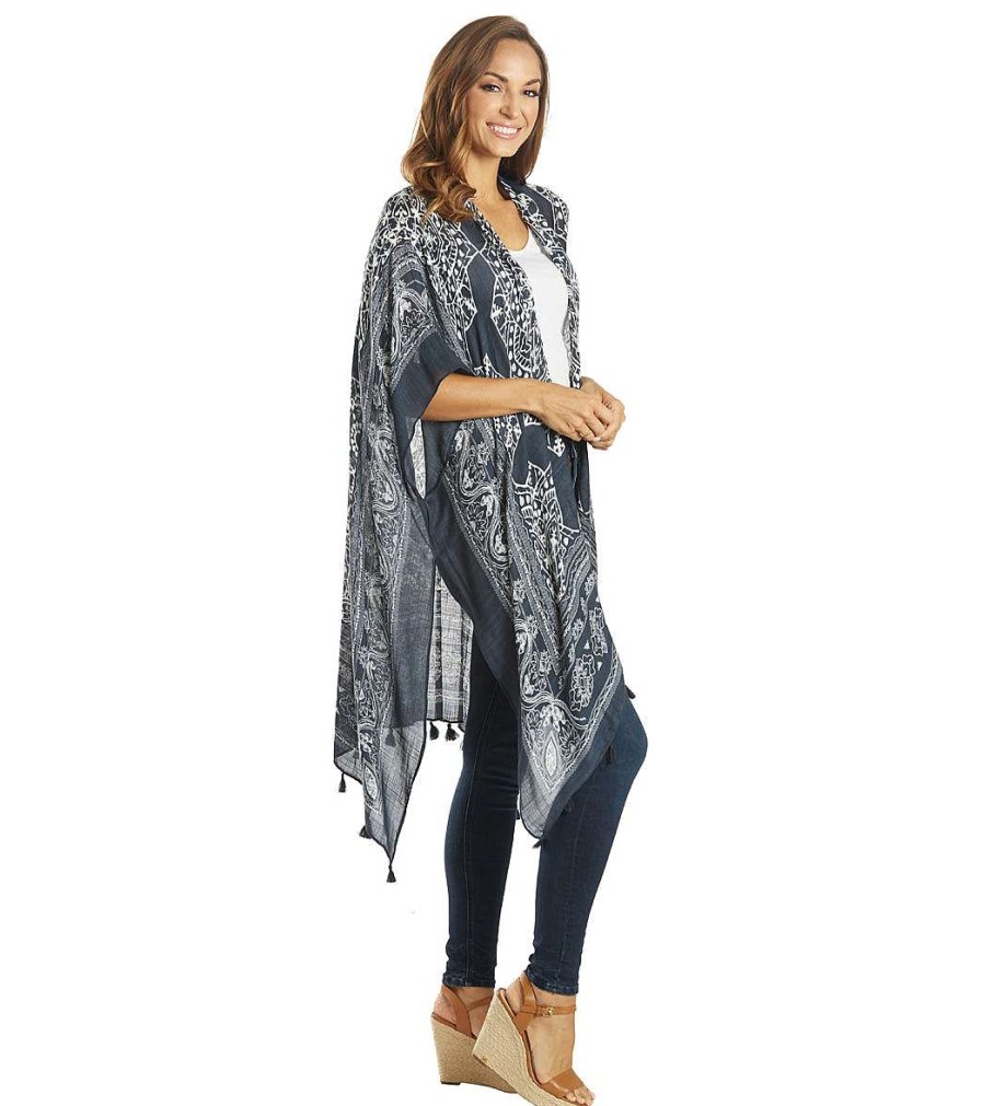 Clothing Yak & Yeti Yoga Jackets & Sweatshirts | Kimono Wrap Mantra Floral With Tassels Black