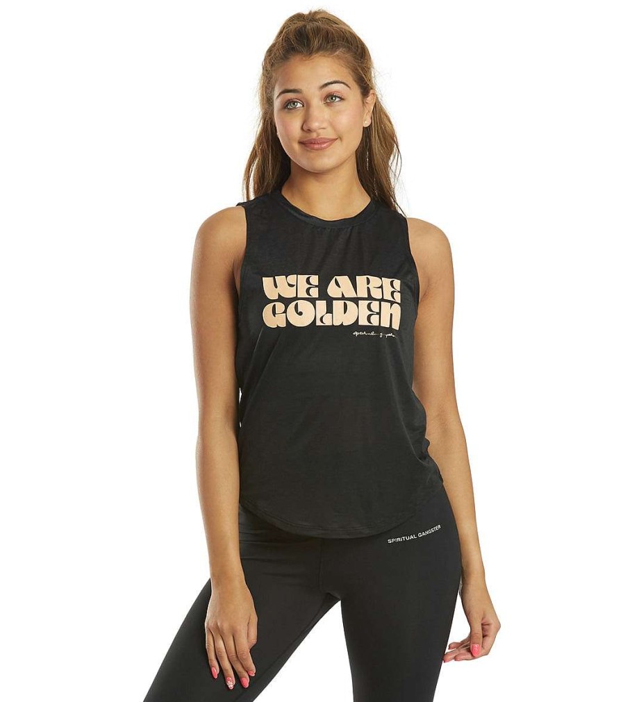 Clothing Spiritual Gangster Yoga Tops | Golden Active Muscle Tank Black